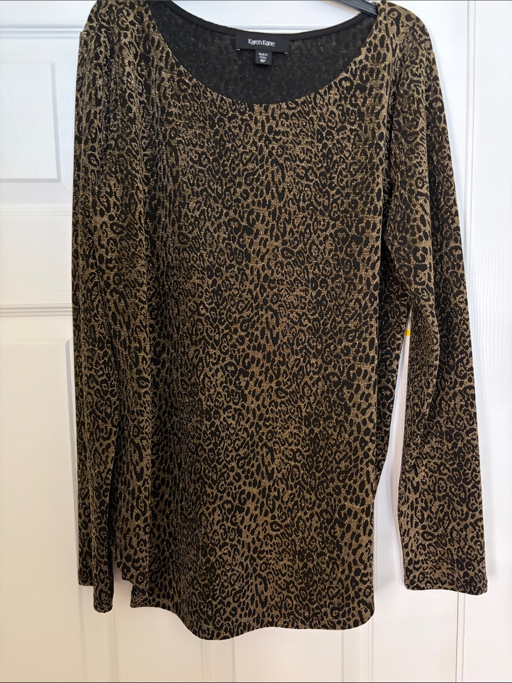 Karen Kane Black and Brown Leopard-Print Long Sleeve Scoop Neck Top